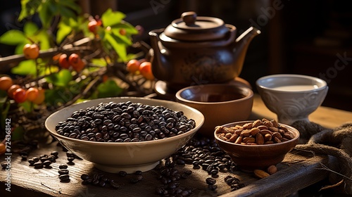 Black coffee tea beans on an old background