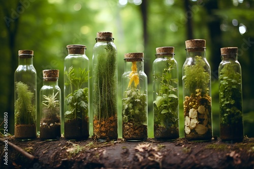 Set of different plants in glass bottles on the ground in the forest