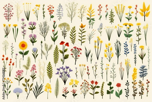 Hand drawn illustration of wildflowers and herbs,  Collection of floral elements
