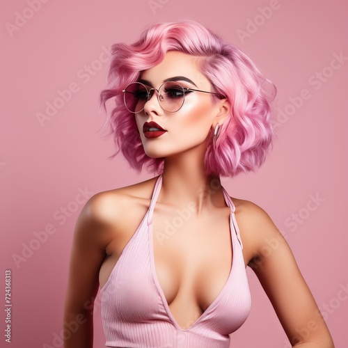 Portrait of a beautiful woman with pink hair on a pink background Generative AI