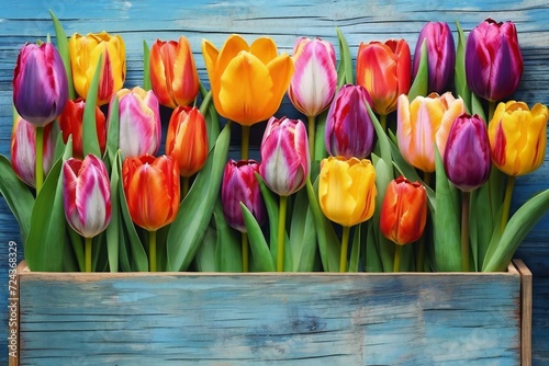 Colorful tulips in wooden box on rustic blue wooden background
