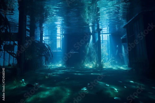 Underwater view of an abandoned underwater house, Dark blue background