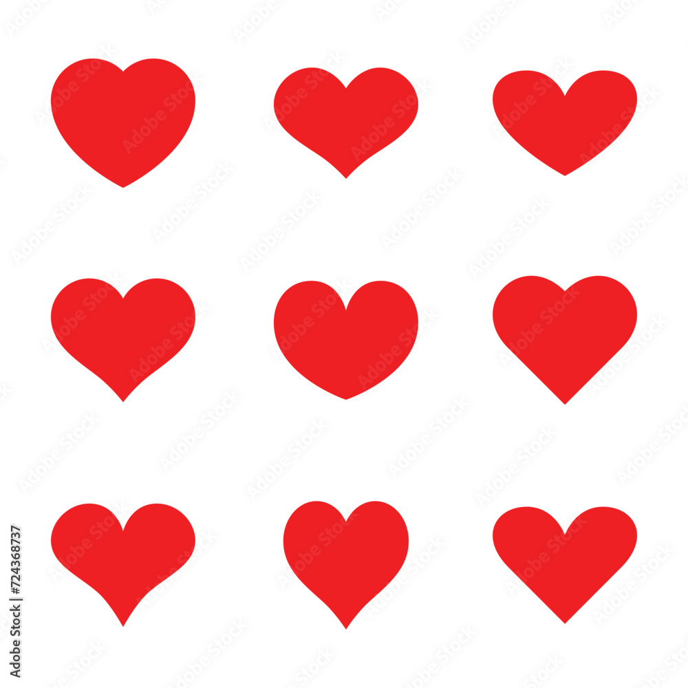 Set of red hearts icons different shape. Vector illustration