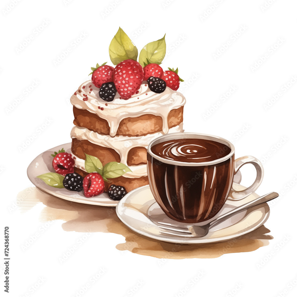 water color of coffee and strawberry cake on white background water color of coffee and strawberry cake on white background