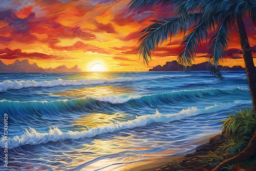 Beautiful seascape with palm trees and sunset, Digital painting
