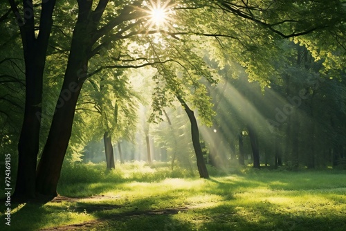 Morning in the forest,  Sunlight in the green forest,  Summer landscape © Quan