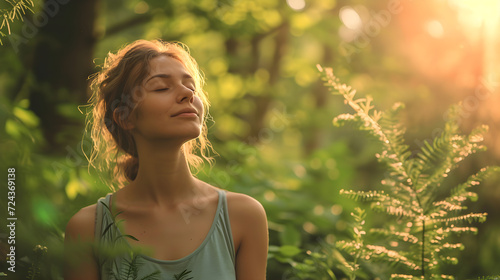 A relaxed woman breathes in the fresh air of a green forest, finding peace and tranquility in nature.
