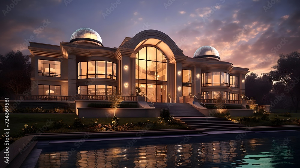 Luxury home with swimming pool at dusk. Panorama.