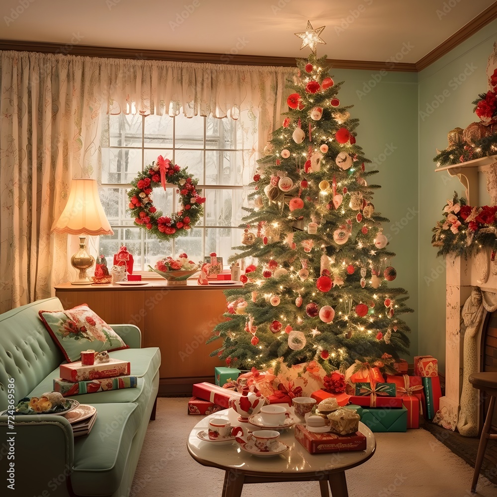 Christmas living room with christmas tree and presents. Blurred background