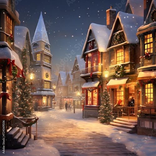 Snowy street in old town at night, 3d illustration.