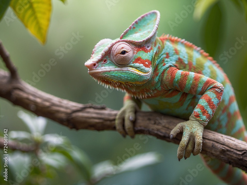 Colorful chameleon sitting on a branch in nature  Macro photography