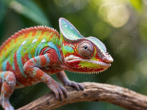 Colorful chameleon sitting on a branch in nature, Macro photography © BNMK0819
