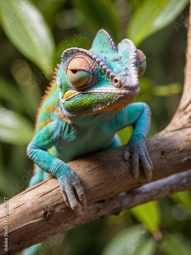 Colorful chameleon sitting on a branch in nature  Macro photography