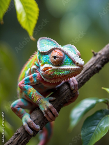 Colorful chameleon sitting on a branch in nature, Macro photography