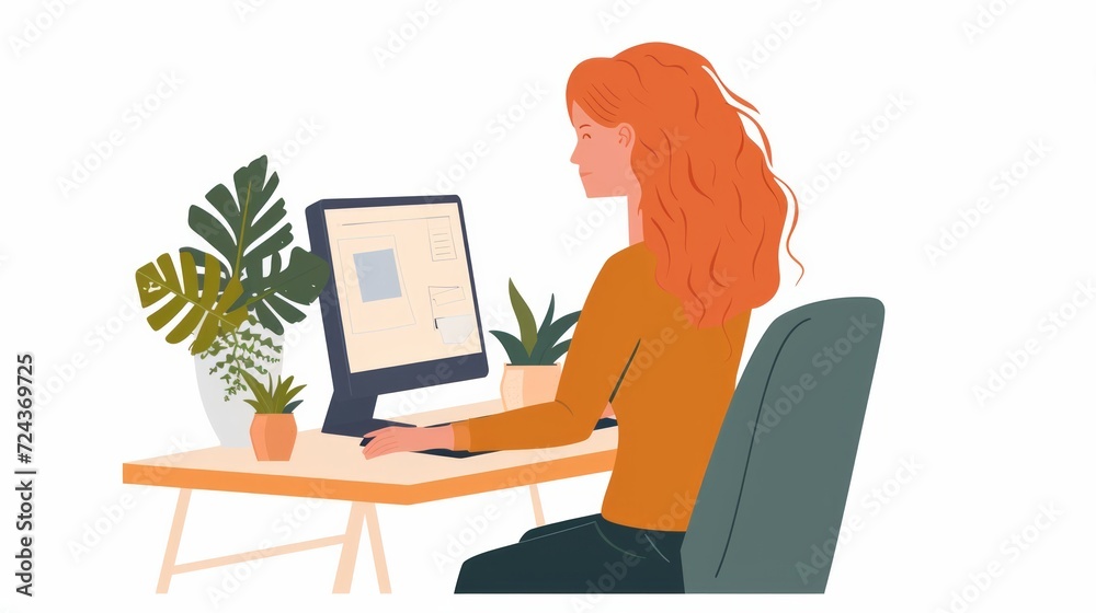 ginger young girl sitting at the computer, web illustration, white background ginger young girl sitting at the computer, web illustration, white background