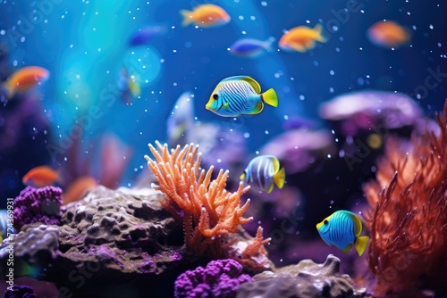 Tropical Paradise: Coral in turquoise water with tropical fish.