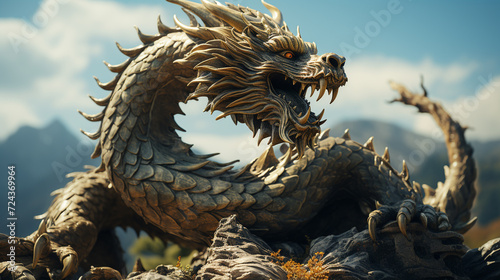 background of Chinese dragon on a rock with a clear sky