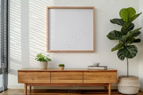 empty mock up posters frame on white wall in modern interior living room background, photo