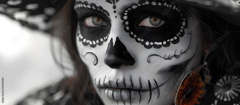 Naklejka premium A young woman with black and white skull makeup for the Day of the Dead celebration, also suitable for Halloween and costume parties.