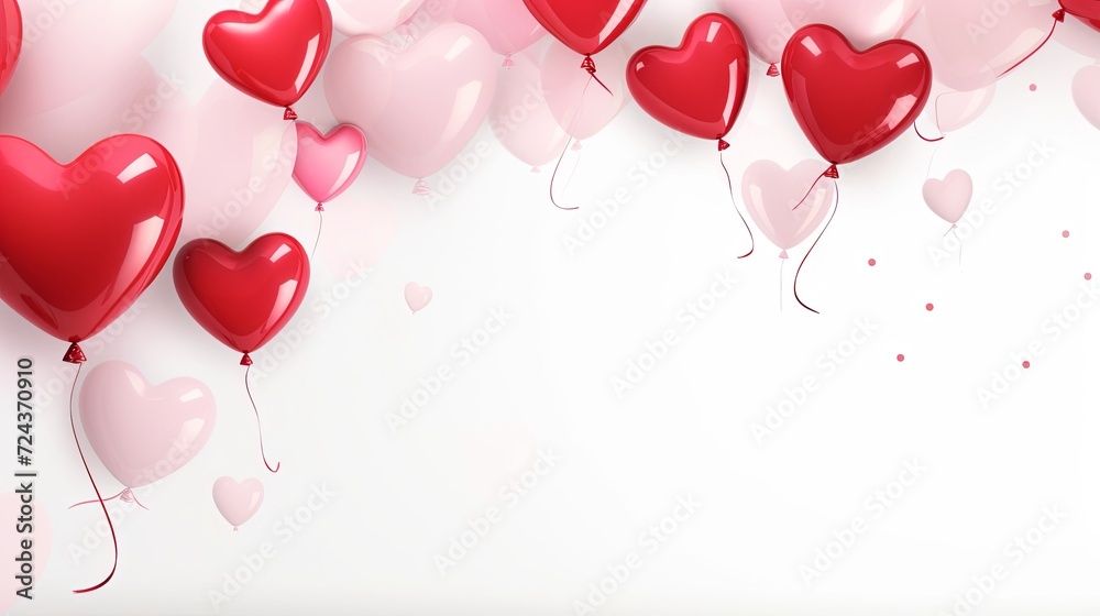 Red pink hearts balloons on white background. Valentine's day-wedding. presentation. advertisement. invitation. copy text space.