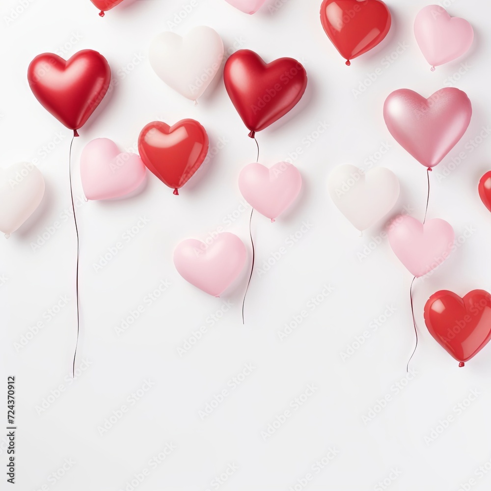 Red pink hearts balloons on white background. Valentine's day-wedding. presentation. advertisement. invitation. copy text space.