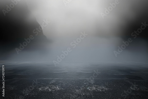 empty asphalt road with fog, Dark street, wet asphalt, reflections of rays on road. Abstract dark blue background, smoke, smog. Empty dark scene, neon light, spotlights