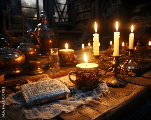 Old books and candles on a wooden table in the interior of the room