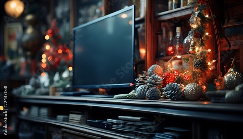 Christmas decorations on the shelves in the store. Christmas and New Year concept © Iman