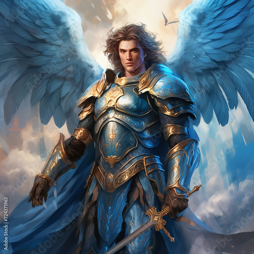 Archangel Michael in the clouds wearing armor and a sword. Powerful Holy Angel of God photo