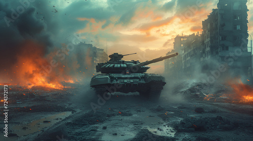 armored tank crosses a mine field during war invasion epic scene of fire and some in destroyed city as banner with copyspace area telephoto lens realistic lighting. generative ai