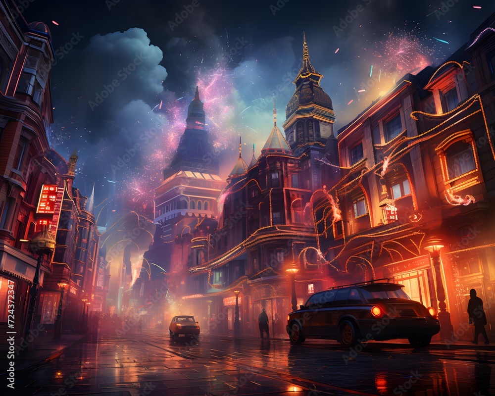 Digital painting of a street in London at night, United Kingdom.
