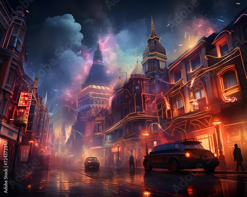 Digital painting of a street in London at night, United Kingdom.