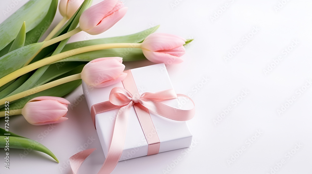 8 march. Happy womens day greeting card. 8 march text on pink tulips and gift box with ribbon on white background. Stylish tender image. Handwritten text, lettering, A bouquet of beautiful tulips 