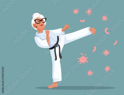 Senior Karate Woman Kicking Viruses Vector Medical illustration. Strong elderly lady having a self defense protective immune system
