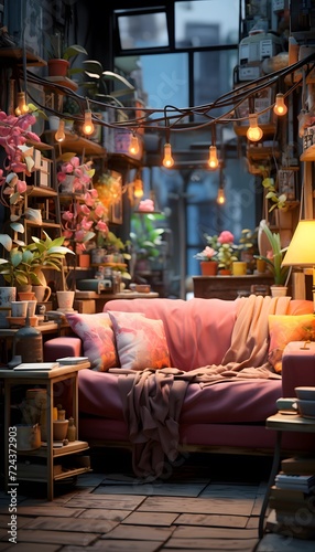 Interior of a cafe with a pink sofa and a coffee table © Iman