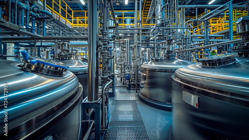 High-Tech Biotech Factory Interior with Stainless Steel Fermenters