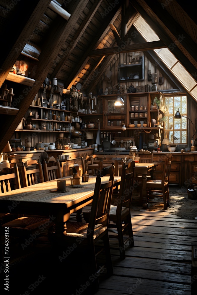 interior of a rustic pub with wooden tables and chairs.