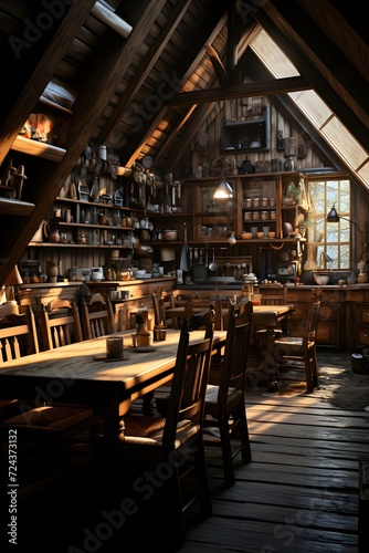 interior of a rustic pub with wooden tables and chairs. © Iman