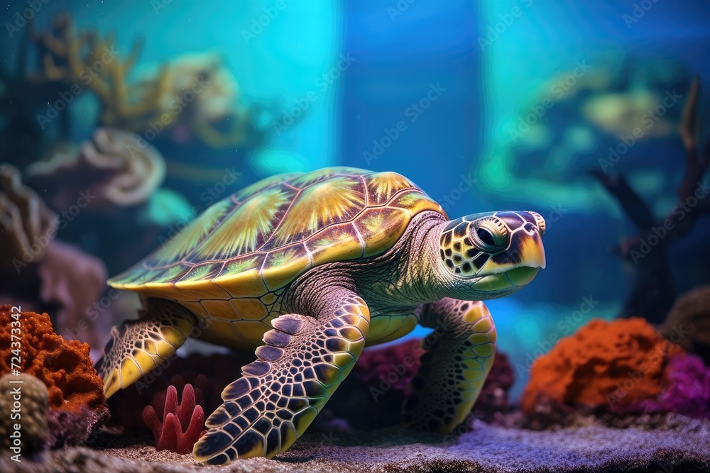 Obraz premium Sea Turtle Haven: Coral with a resting sea turtle.