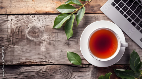 Cup of tea with laptop on a table generative ai