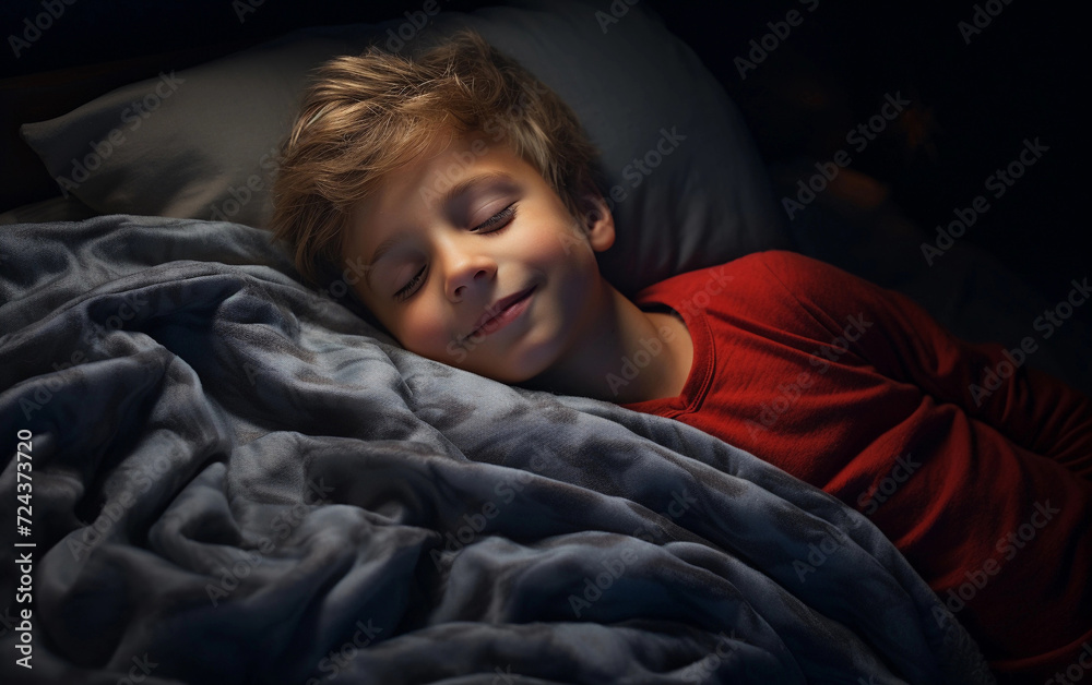Smiling child slepping in a bed in a dark bedroom at night Smiling child slepping in a bed in a dark bedroom at night