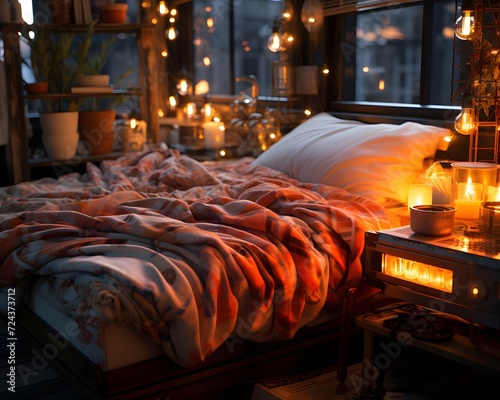A vertical shot of a bed with a blanket and candles in the background