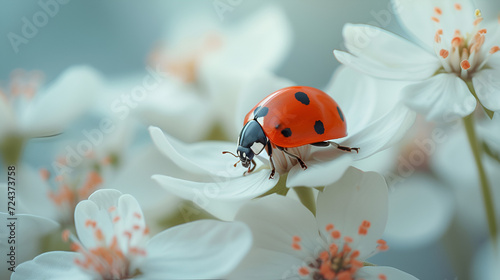 ladybug on a white flower on a dark background close up, A beautiful ladybug sitting on a white flower, AI Generative