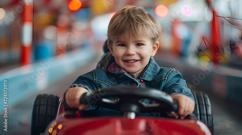 Little smiling boy is driving a car on kid's go-karting. generative ai © Saleem
