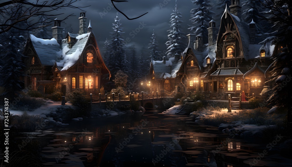 Winter night in a small village. Panoramic view of the winter village.