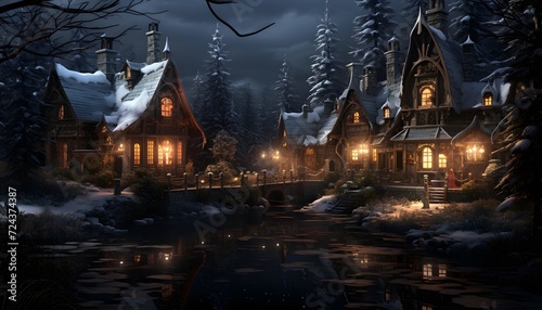 Winter night in a small village. Panoramic view of the winter village.