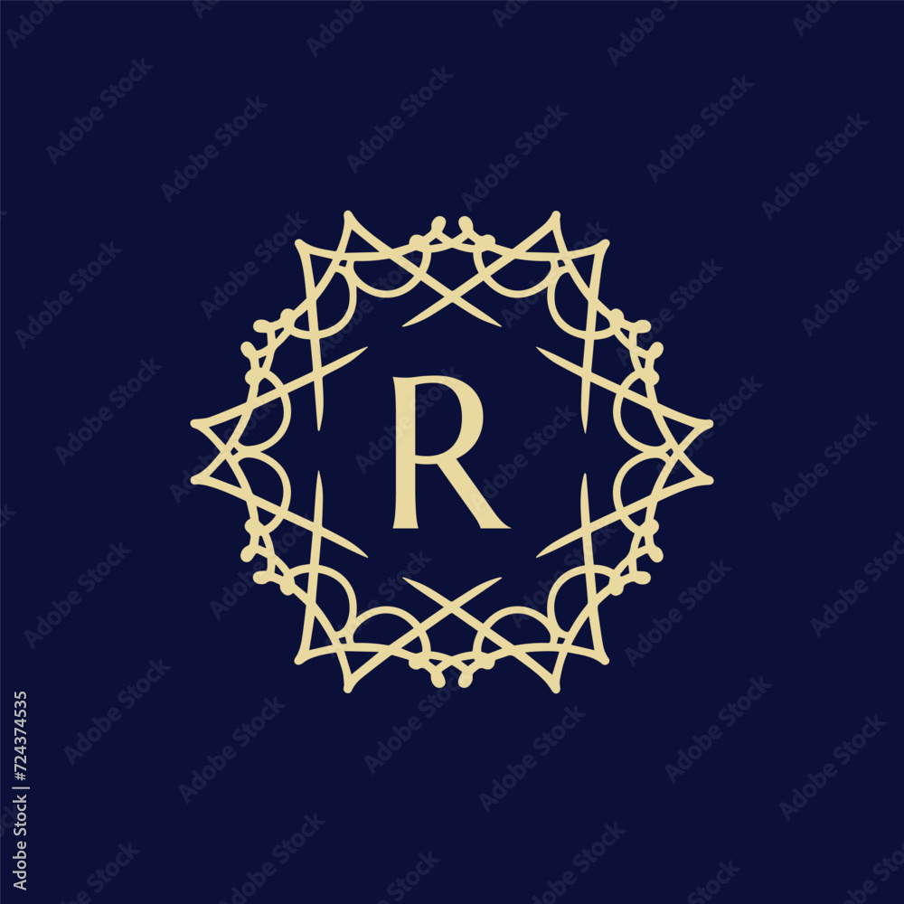 Initial letter R floral ornamental border circle frame logo