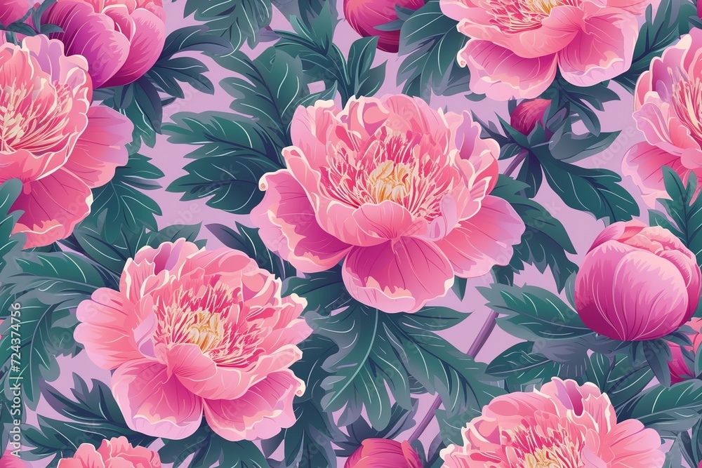 Floral Garden Harmony: Seamless Pattern with Pink Peonies, Capturing the Beauty of Nature in Spring and Summer