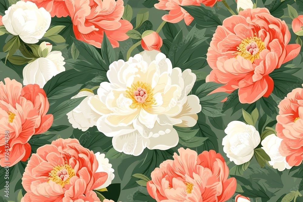 Floral Garden Harmony: Seamless Pattern with Pink and White Peonies, Capturing the Beauty of Nature in Spring and Summer