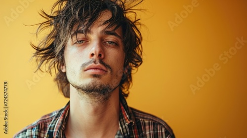 A young man with a vacant stare his hair unkempt and his clothes disheveled.